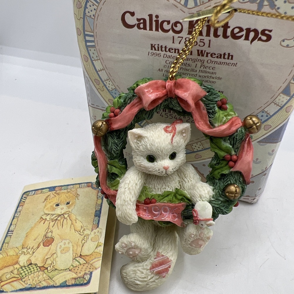 Kitten In Wreath Enesco Calico Kittens 1996 Dated Hanging Ornament 178551